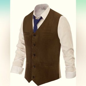 Mens Corduroy Suit Vest Vintage V-Neck Dress Vest Waistcoat - Brown - sz S - NWT